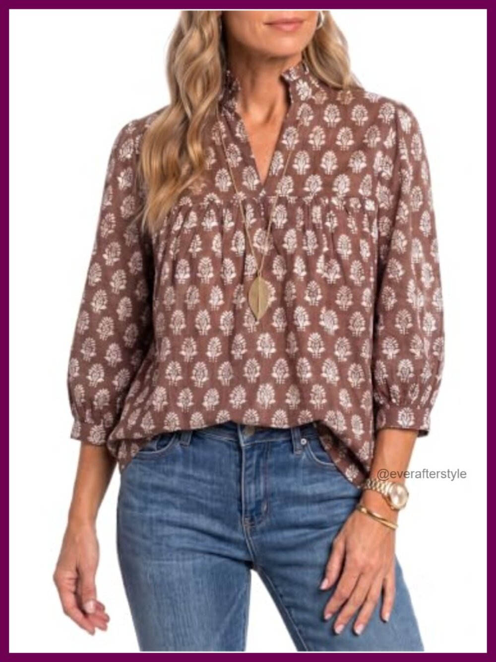 Boho Floral Ruffle V-Neck 3/4 Puff Sleeve Cotton Blouse Top